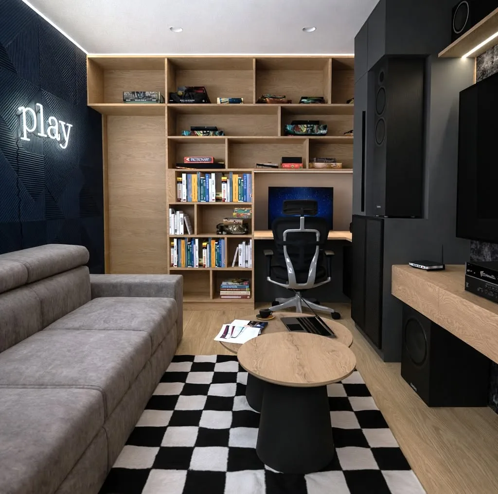 Pokój gier z granatową ścianą, neonem Play i szachownicą na podłodze