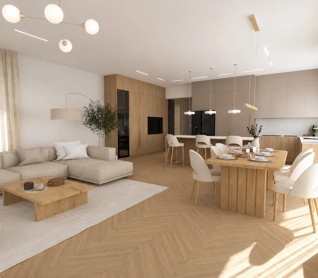 Jasny salon z narożnikiem, dębową podłogą i jadalnią w tle