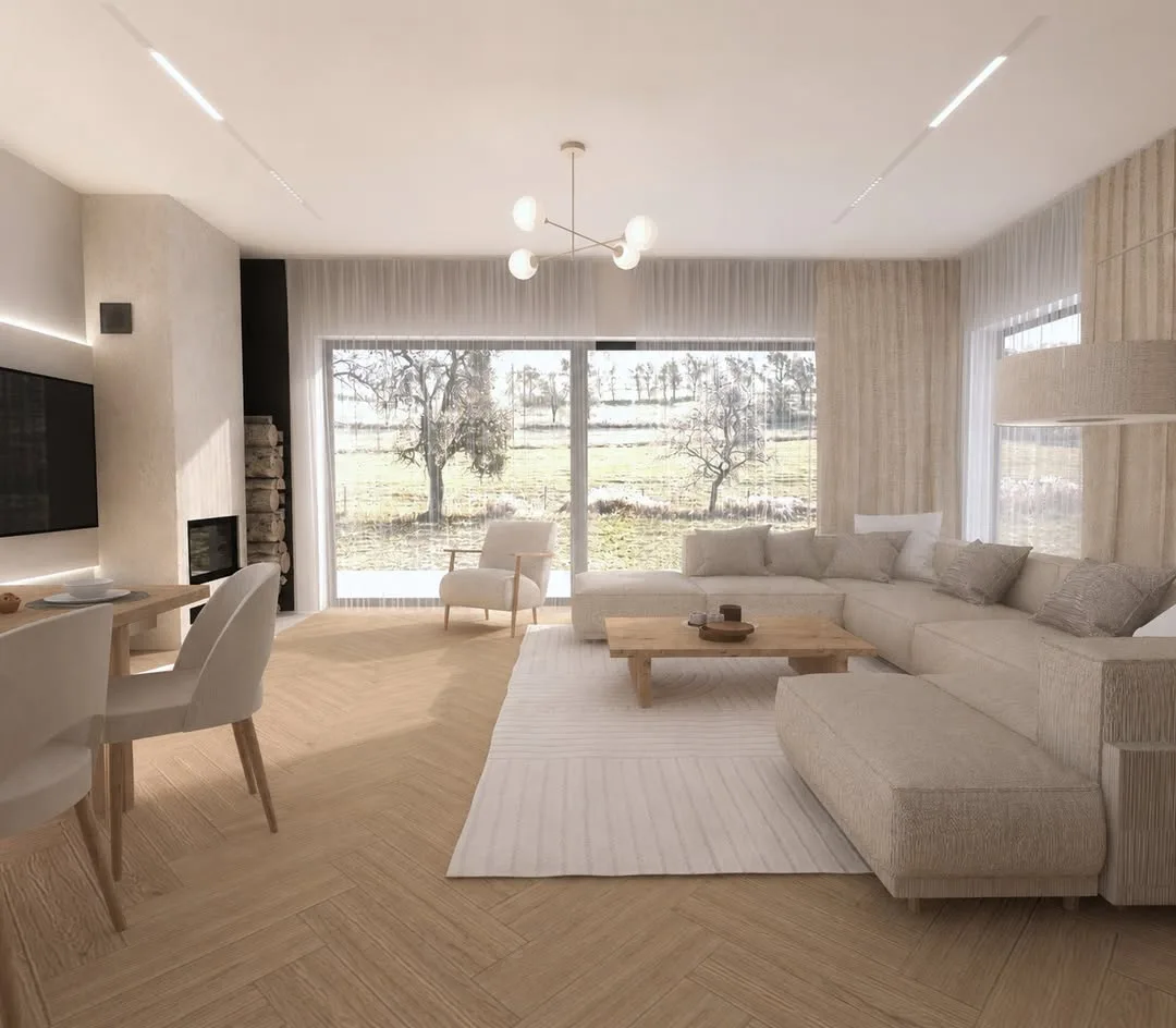 Jasny salon z narożnikiem, dębową podłogą i jadalnią w tle