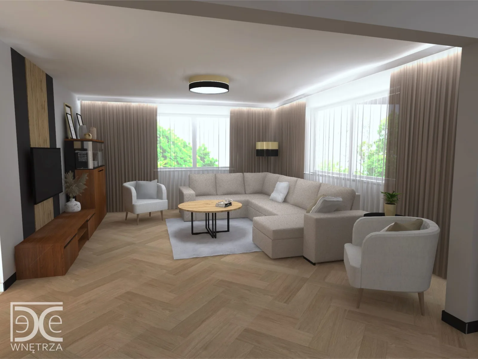Projekt salonu z kuchnią w stylu nowoczesnym