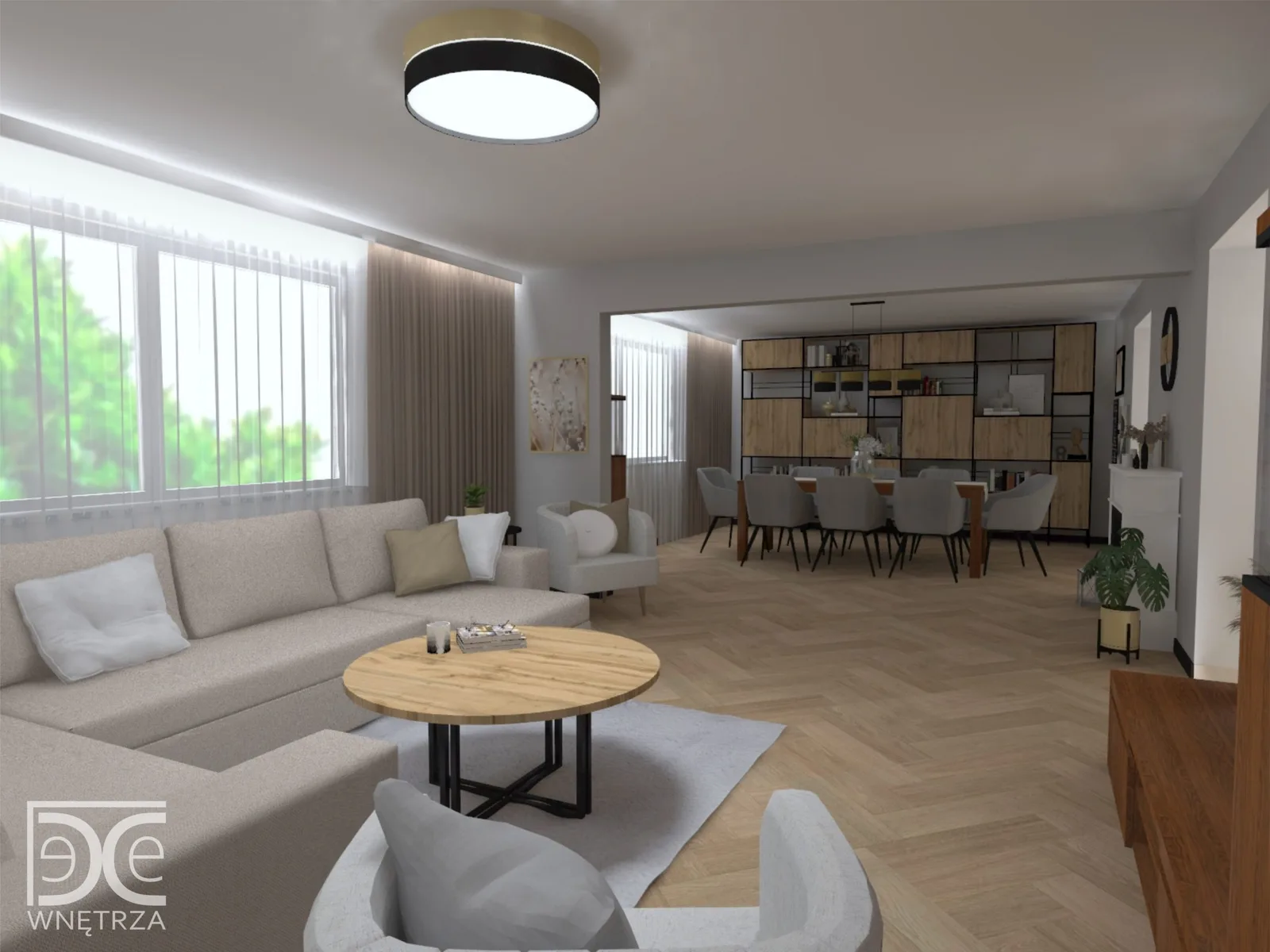Projekt salonu z kuchnią w stylu nowoczesnym