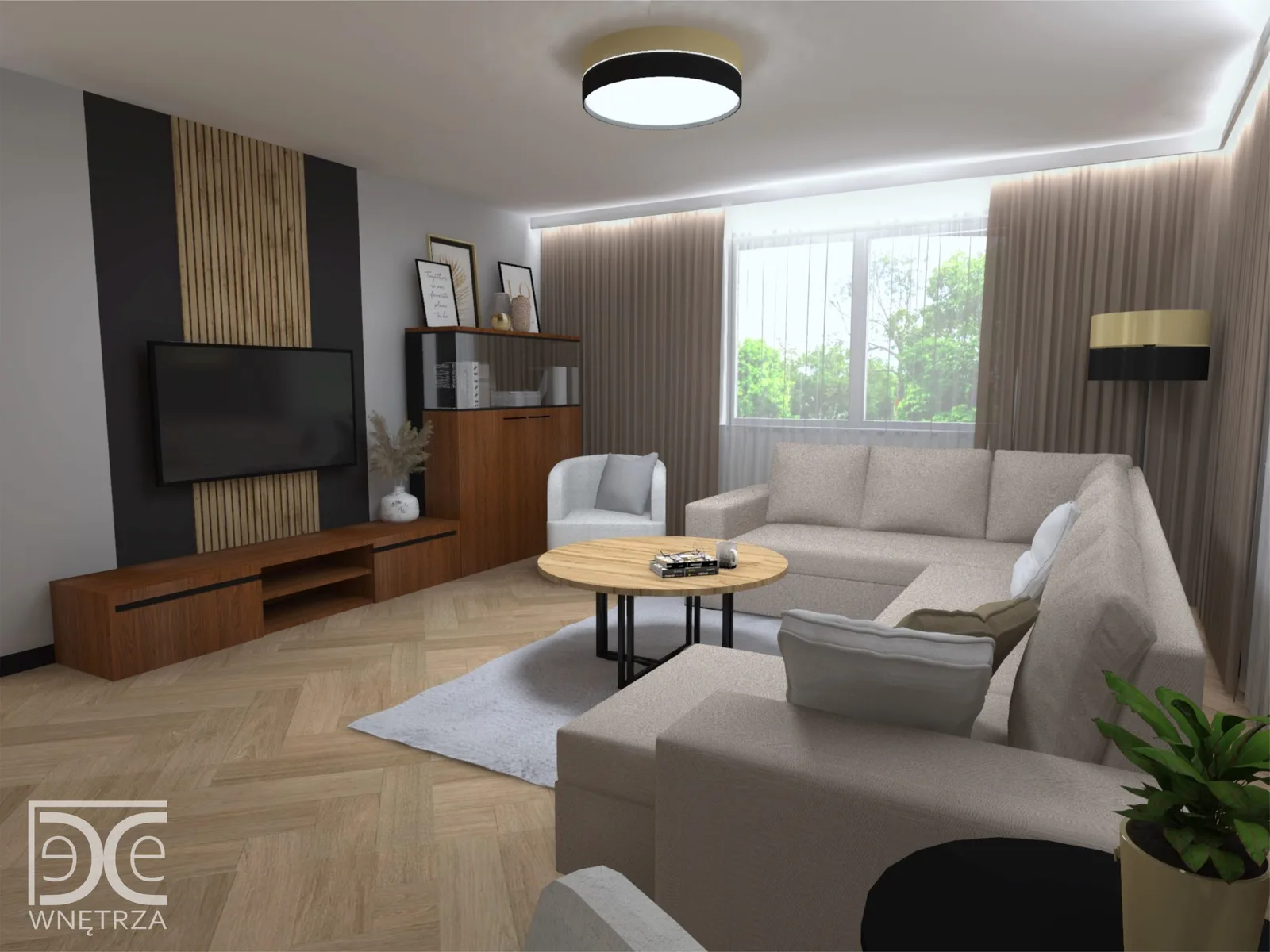 Projekt salonu z kuchnią w stylu nowoczesnym