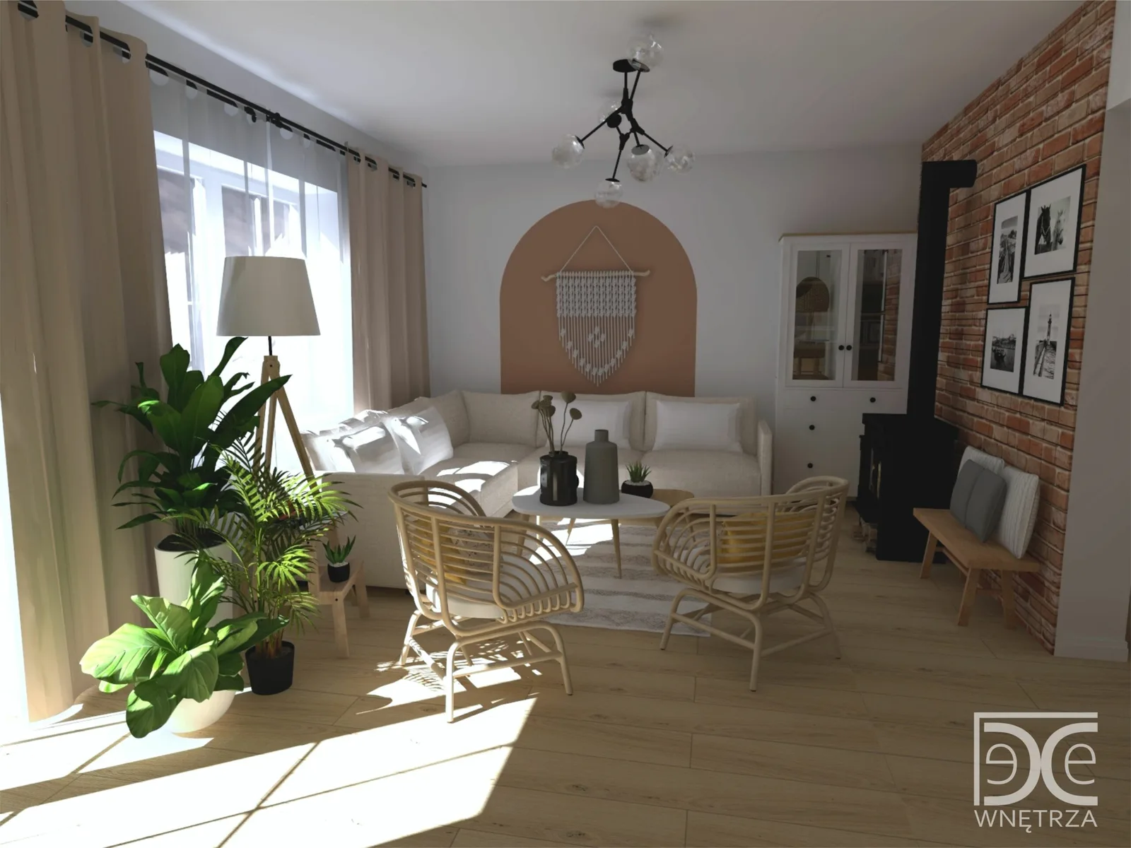 Salon z kuchnią w stylu boho