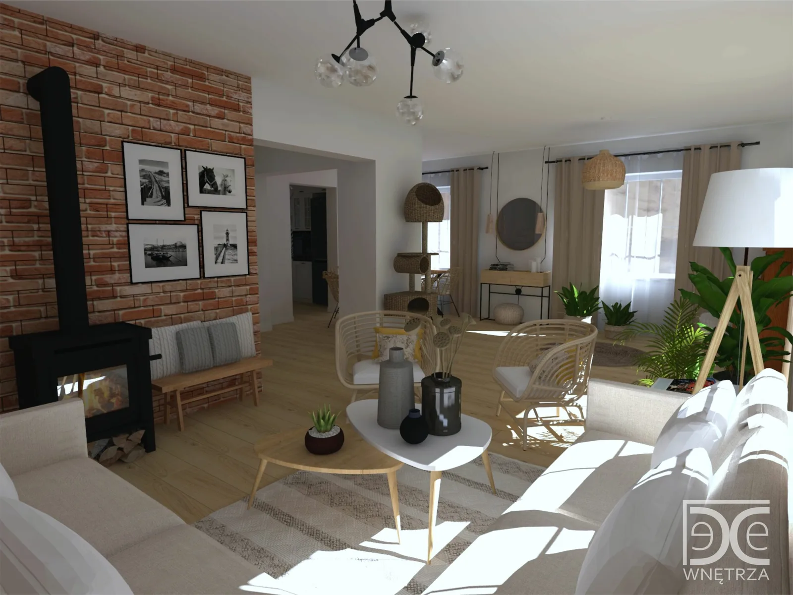 Salon z kuchnią w stylu boho