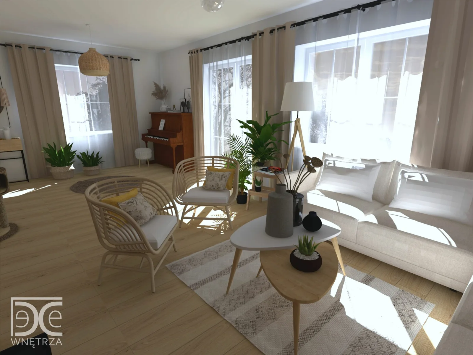 Salon z kuchnią w stylu boho
