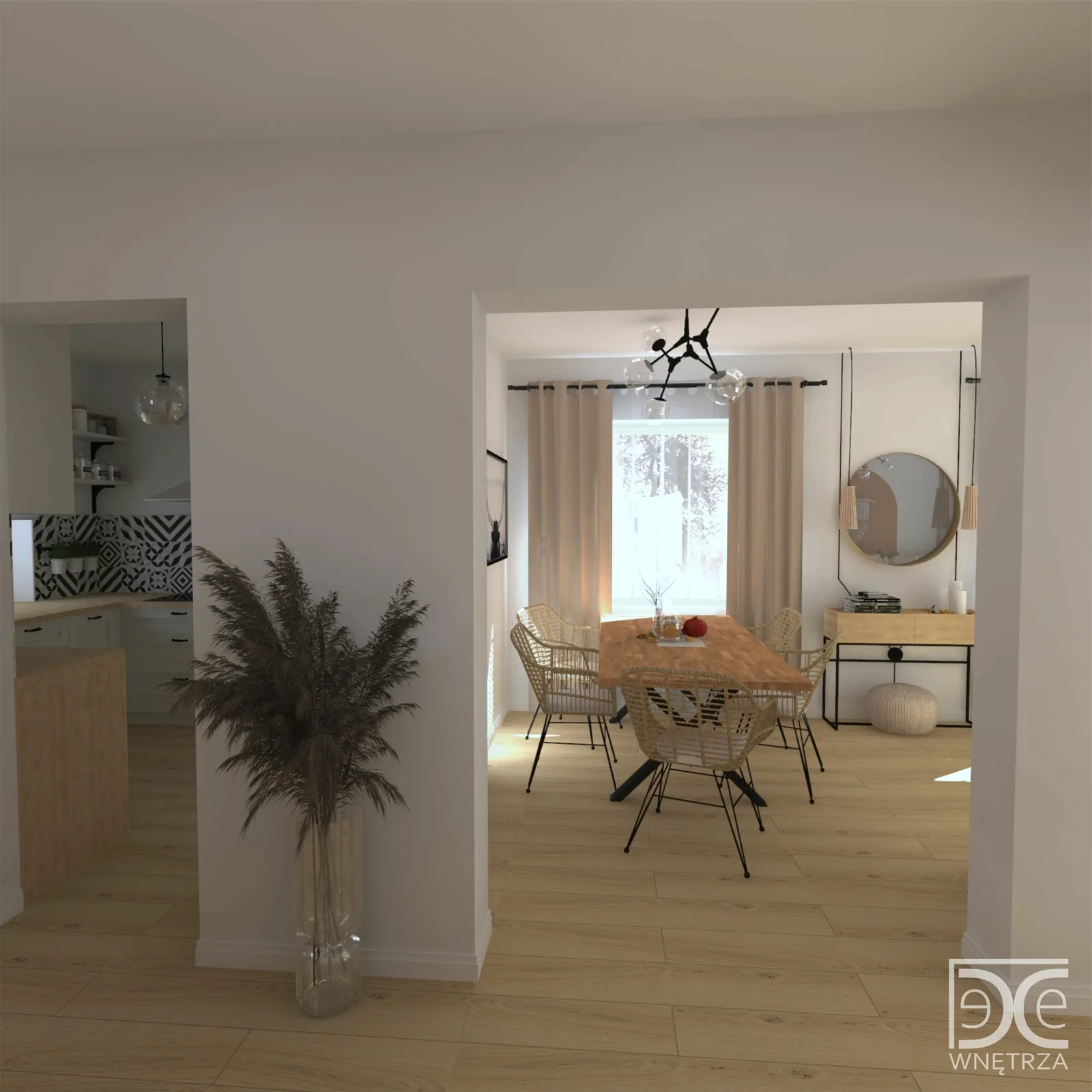 Salon z kuchnią w stylu boho