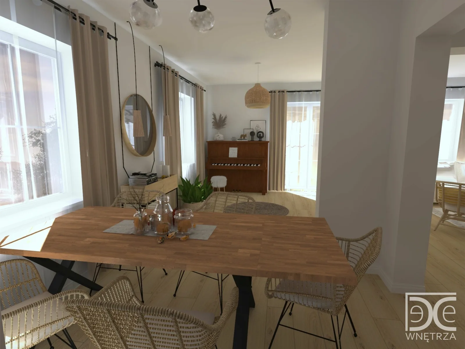 Salon z kuchnią w stylu boho