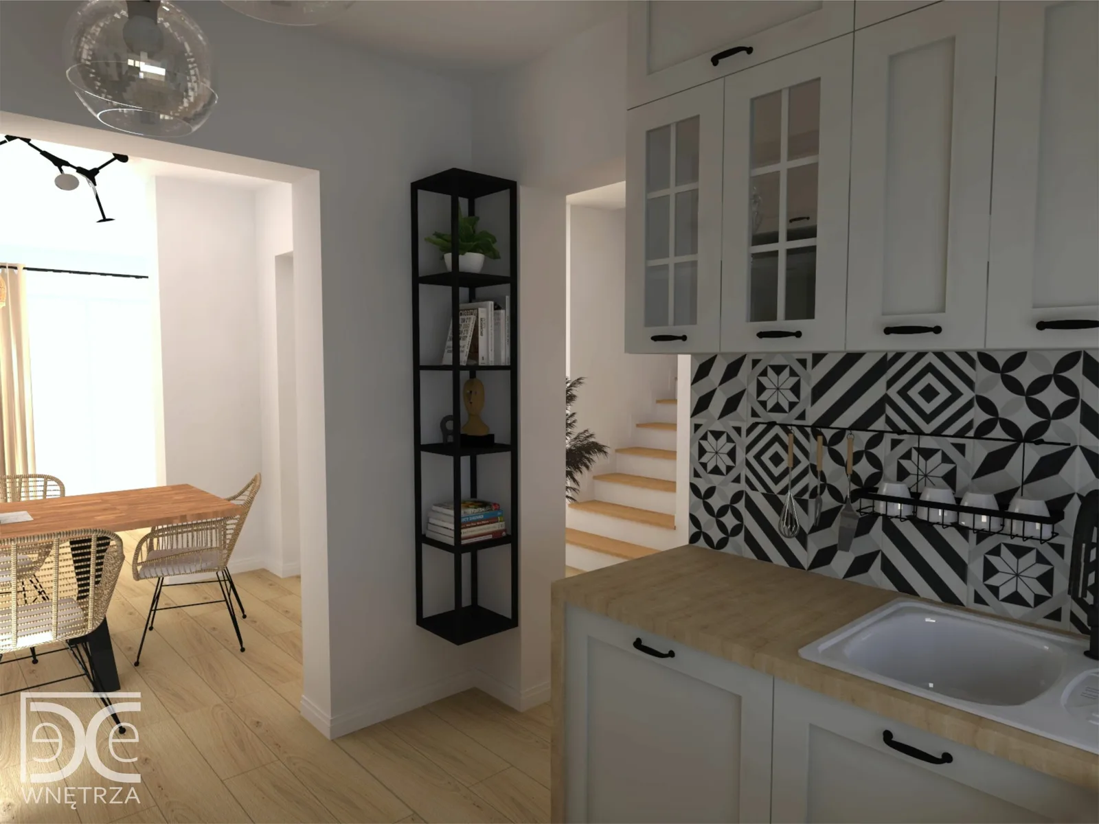 Salon z kuchnią w stylu boho